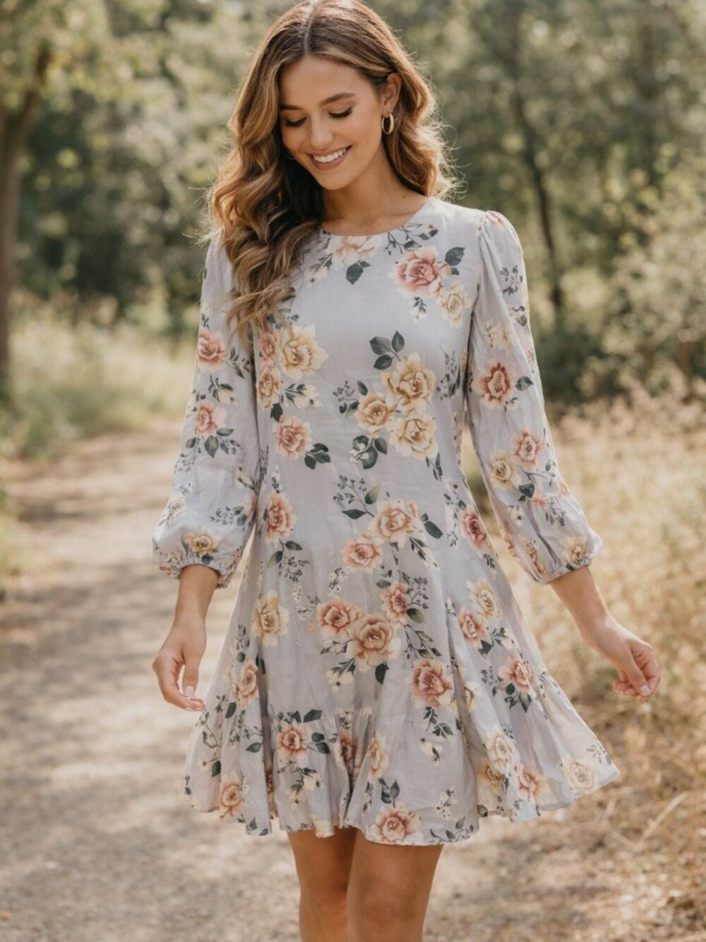 Vici Long Sleeve Floral Swing Dress in Light Gray with Blush Roses